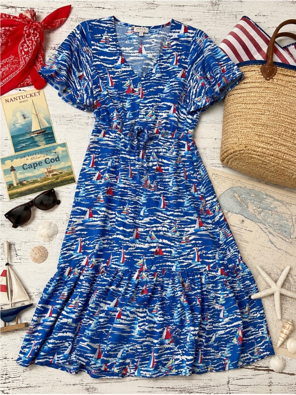 Stitch by Chenault Navy Sailboat Print Dress - Coastal Dress Nautical Print S